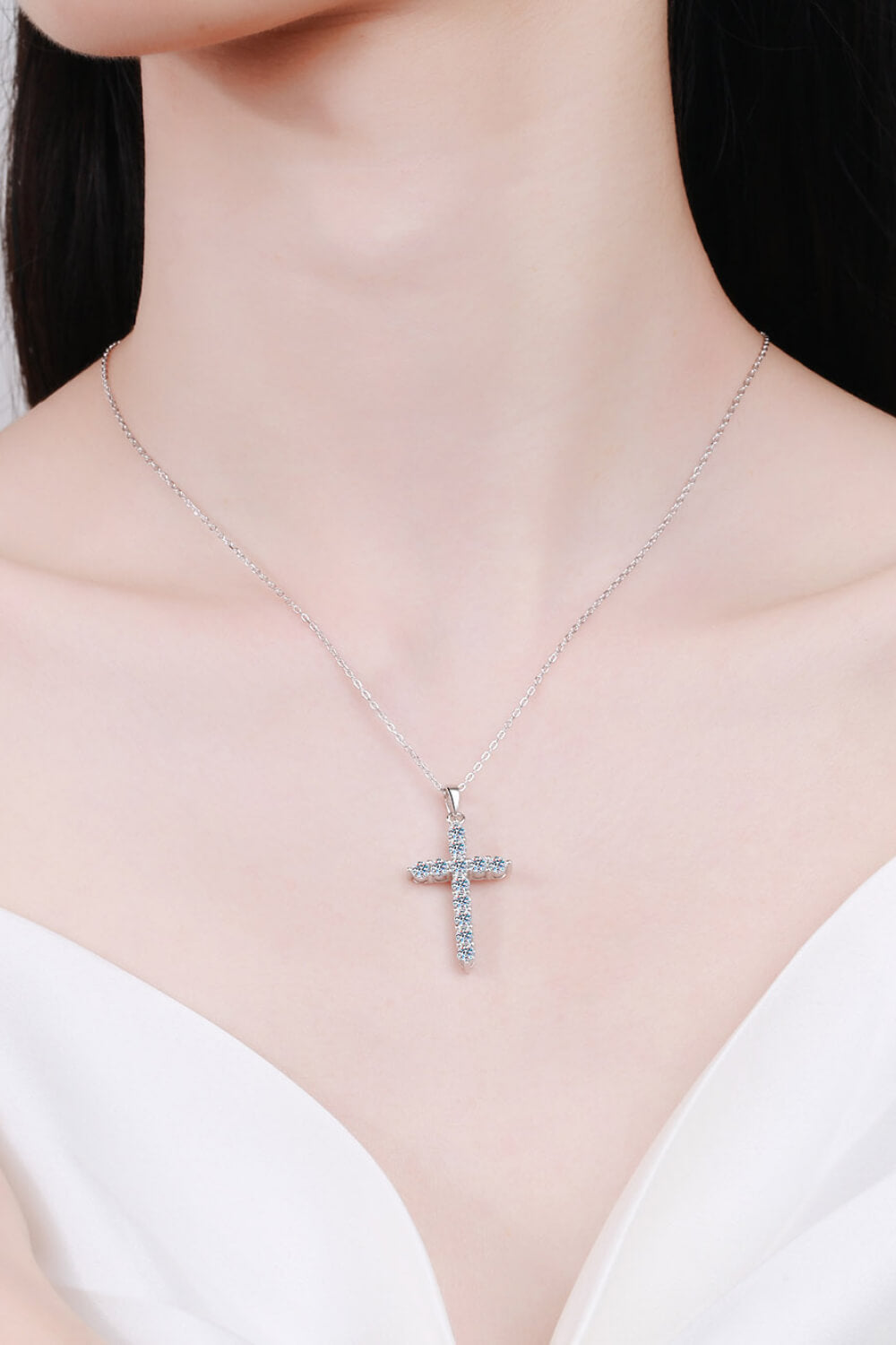 Moissanite Cross Pendant Chain Necklace - Rhodium Vermeil- Claude Jewelry Moissanite - Shop claudejewelry.com