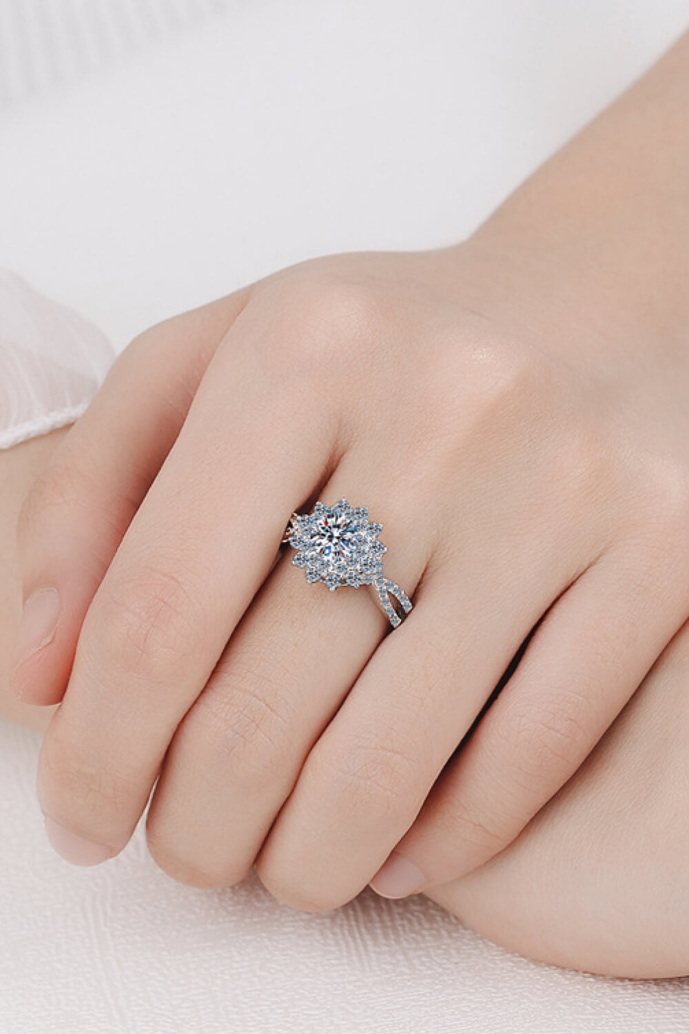 Moissanite Flower-Shape Split Shank Ring - - Claude Jewelry Moissanite - Shop claudejewelry.com