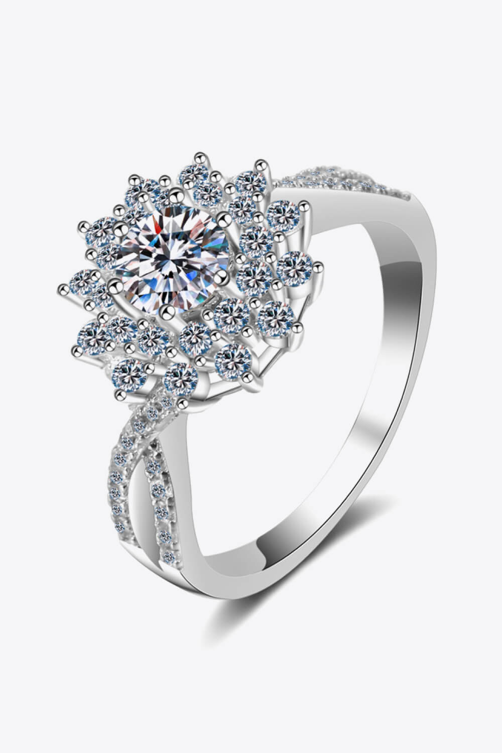 Moissanite Flower-Shape Split Shank Ring - Platinum Vermeil-5- Claude Jewelry Moissanite - Shop claudejewelry.com