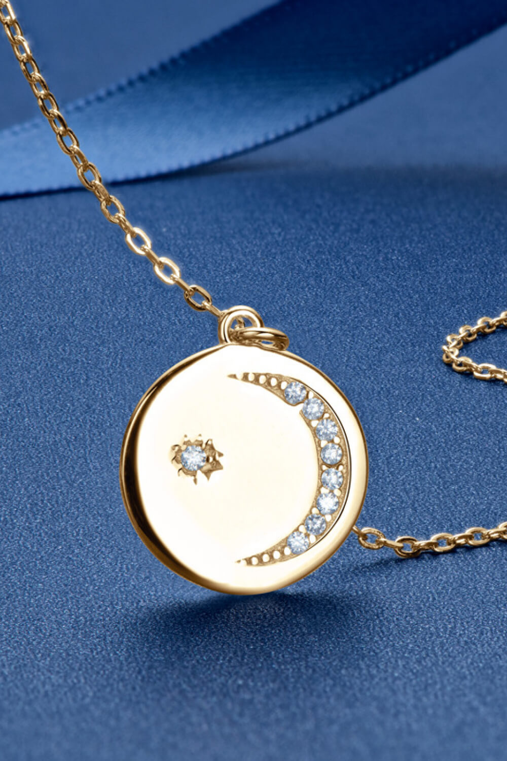 Moissanite Moon & Star Round Pendant 18k Gold Vermeil Necklace - - Claude Jewelry Moissanite - Shop claudejewelry.com