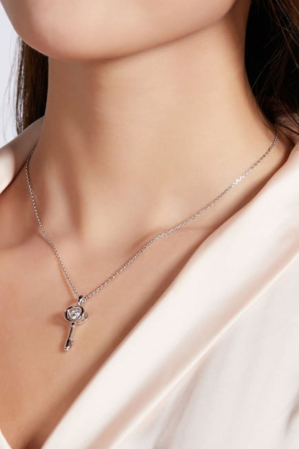 Moissanite Polished Key Pendant Necklace - Platinum Vermeil- Claude Jewelry Moissanite - Shop claudejewelry.com