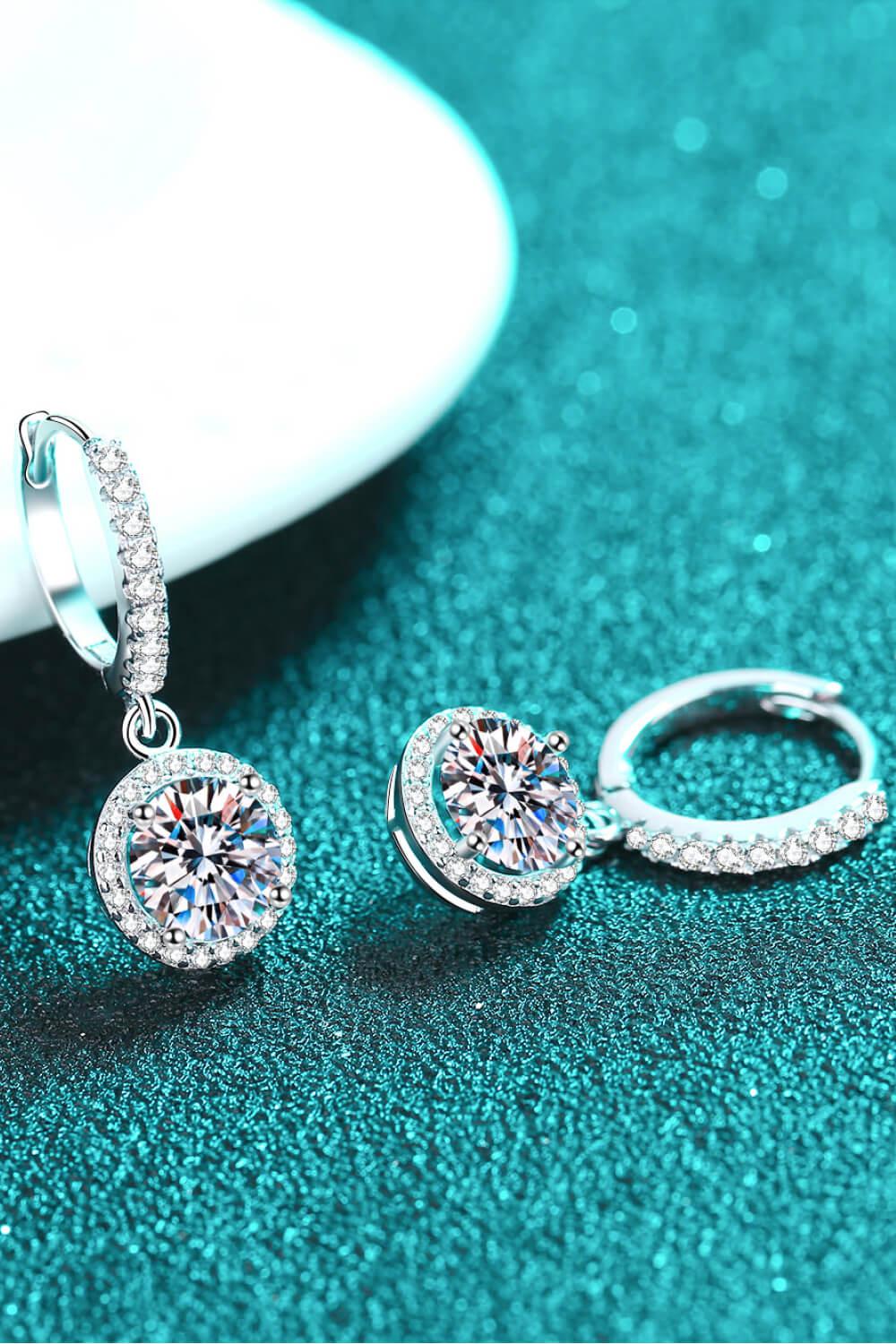 Moissanite Round Halo Drop Earrings - Rhodium Vermeil- Claude Jewelry Moissanite - Shop claudejewelry.com