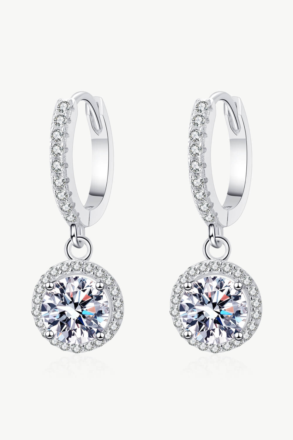 Moissanite Round Halo Drop Earrings - Rhodium Vermeil- Claude Jewelry Moissanite - Shop claudejewelry.com