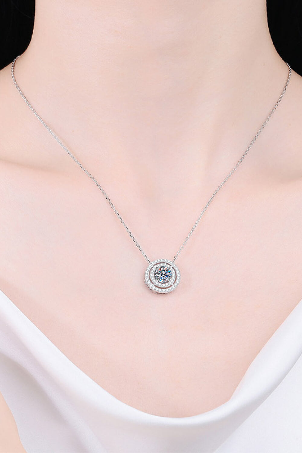 Moissanite Round Pendant Double Halo Necklace - Rhodium Vermeil- Claude Jewelry Moissanite - Shop claudejewelry.com