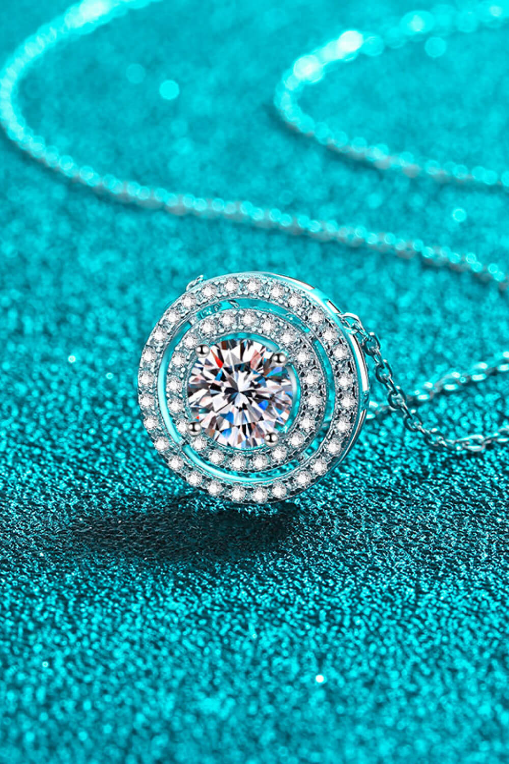 Moissanite Round Pendant Double Halo Necklace - Rhodium Vermeil- Claude Jewelry Moissanite - Shop claudejewelry.com