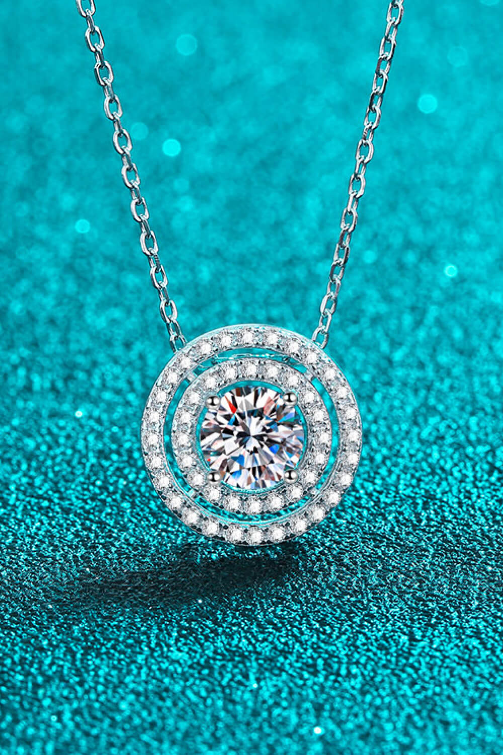 Moissanite Round Pendant Double Halo Necklace - Rhodium Vermeil- Claude Jewelry Moissanite - Shop claudejewelry.com