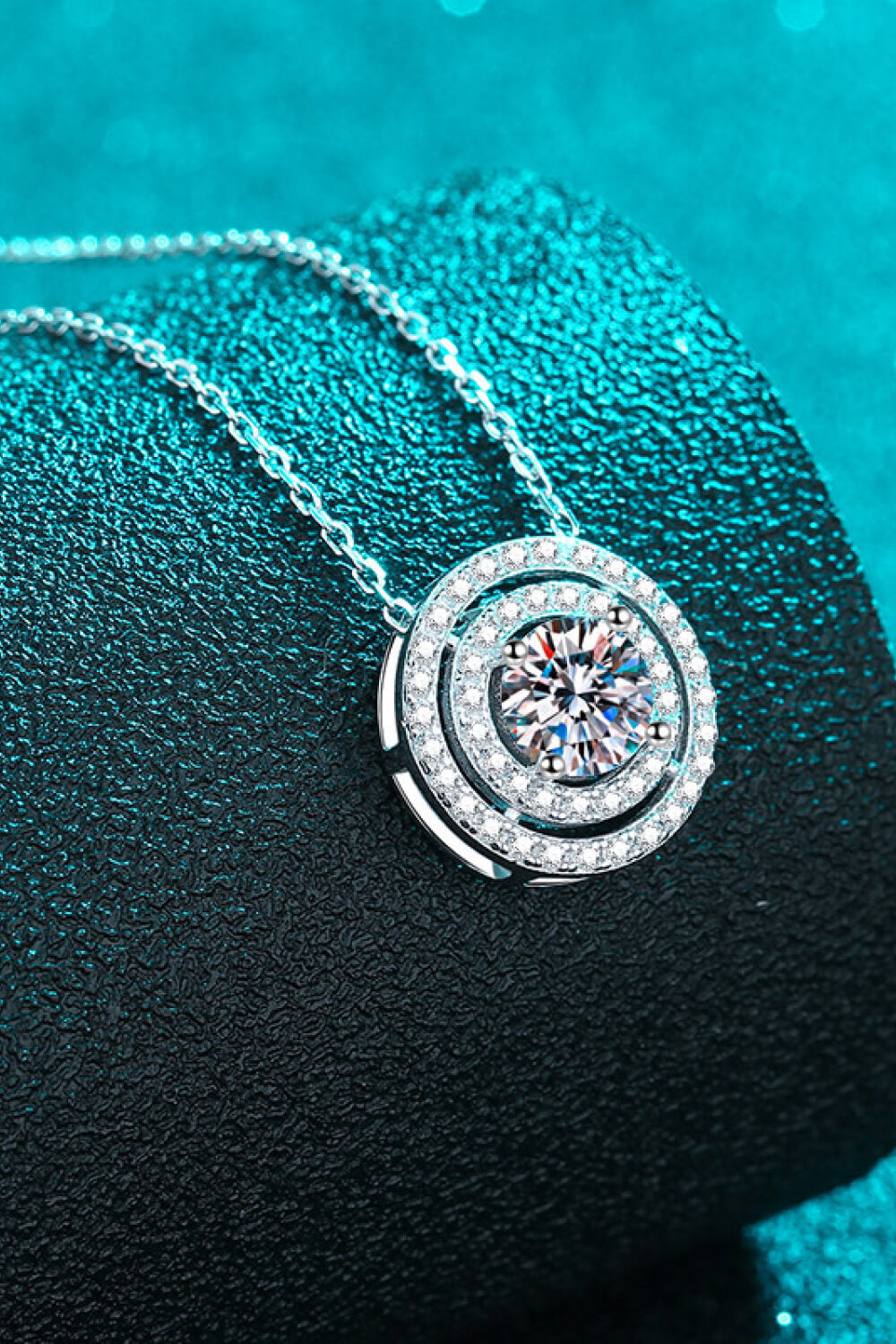 Moissanite Round Pendant Double Halo Necklace - Rhodium Vermeil- Claude Jewelry Moissanite - Shop claudejewelry.com