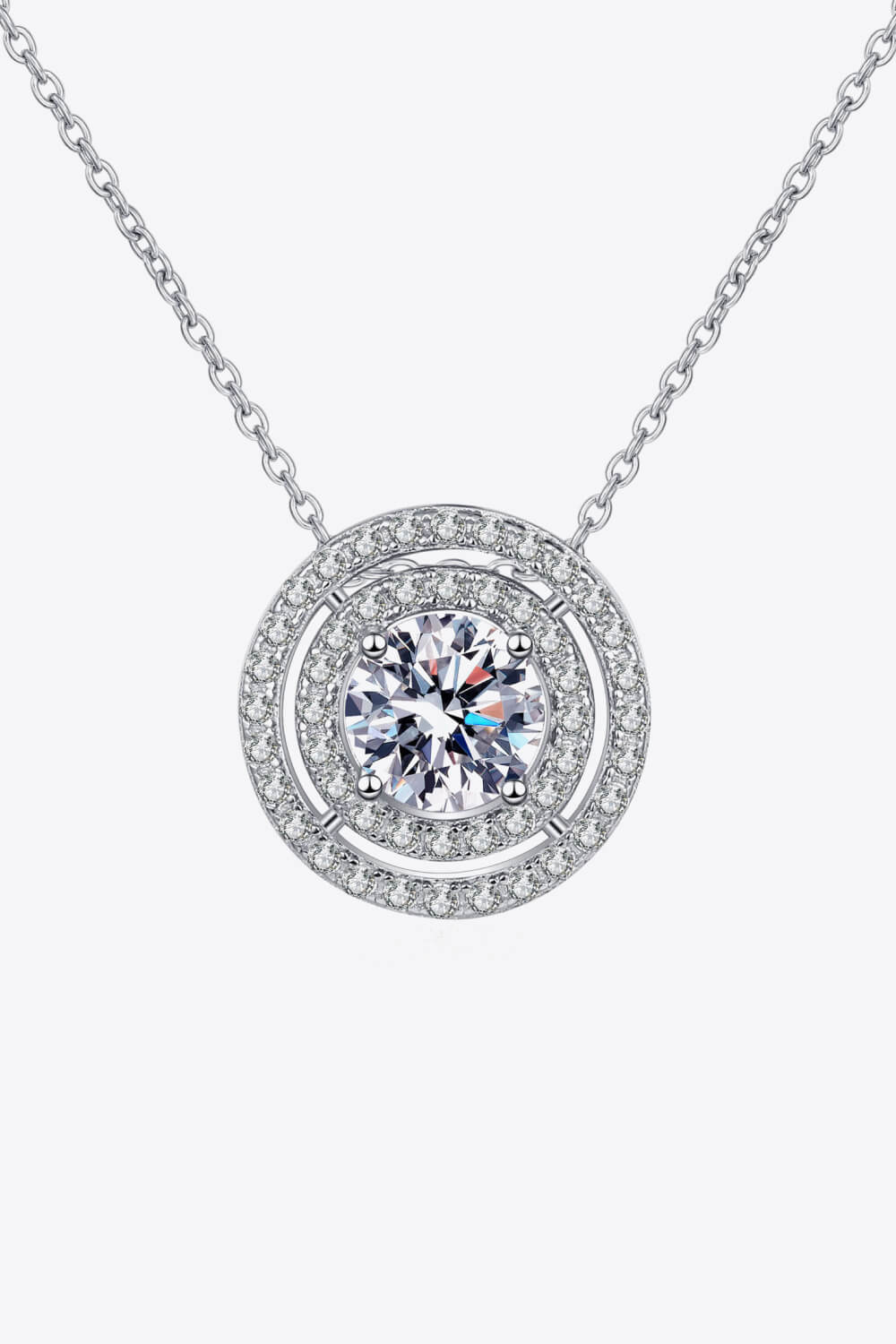 Moissanite Round Pendant Double Halo Necklace - Rhodium Vermeil- Claude Jewelry Moissanite - Shop claudejewelry.com