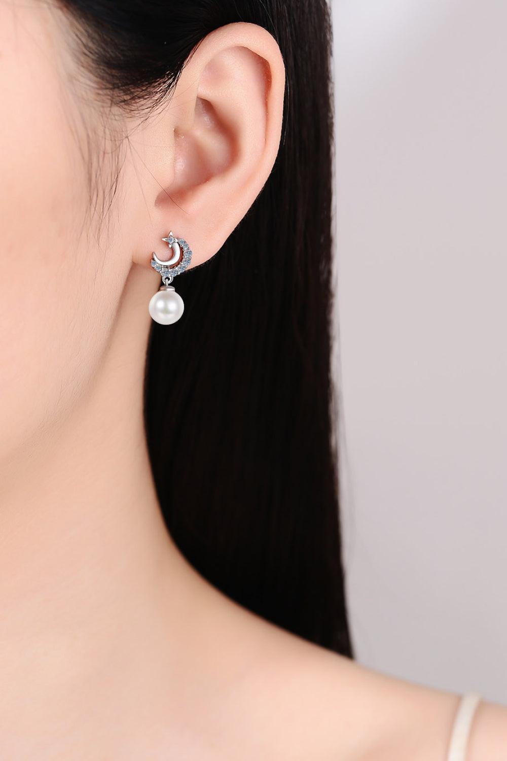 Moissanite Sparkle Moon Pearl Drop Earrings - Rhodium Vermeil- Claude Jewelry Moissanite - Shop claudejewelry.com