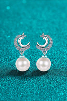 Moissanite Sparkle Moon Pearl Drop Earrings - Rhodium Vermeil- Claude Jewelry Moissanite - Shop claudejewelry.com