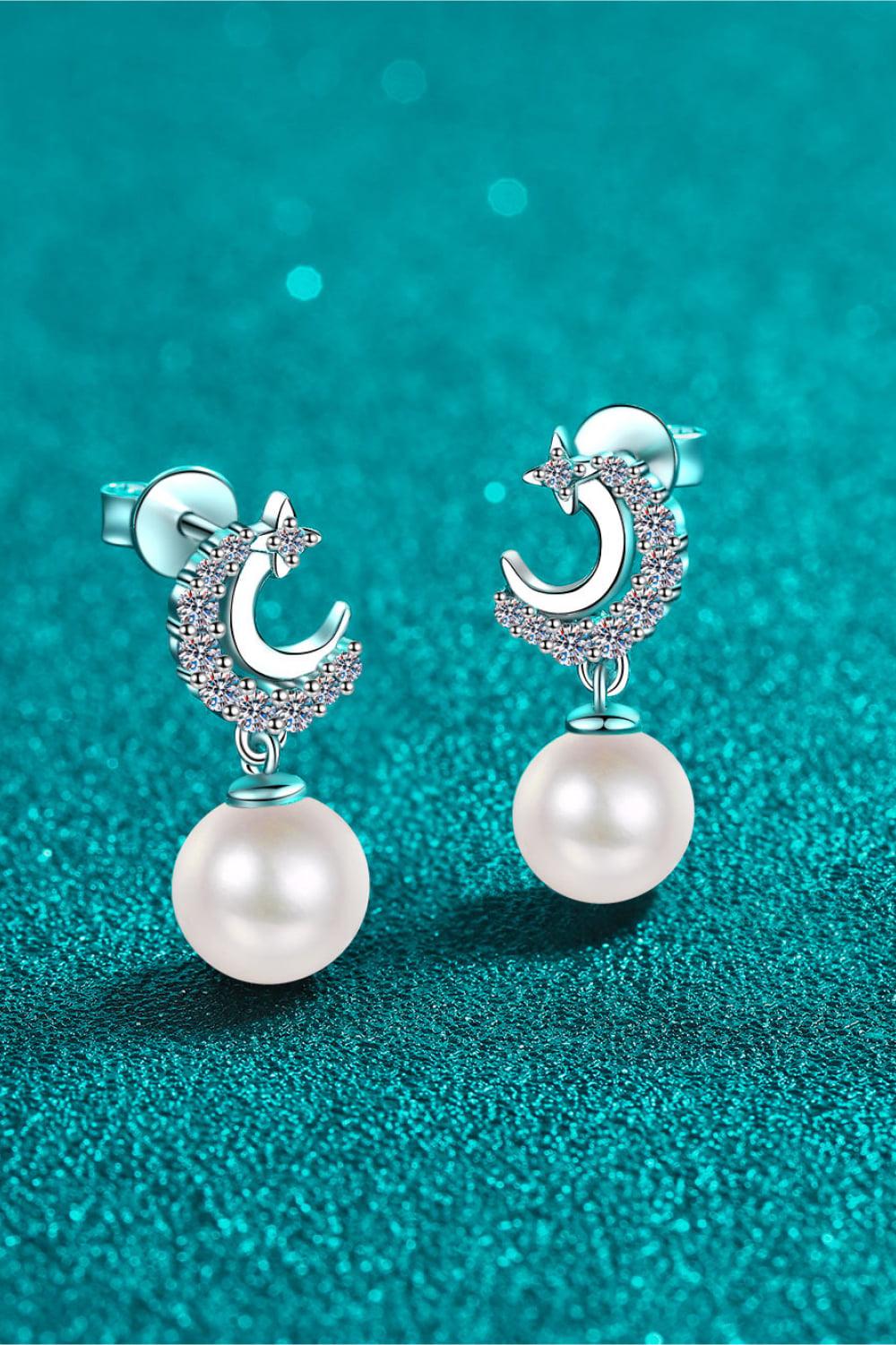 Moissanite Sparkle Moon Pearl Drop Earrings - Rhodium Vermeil- Claude Jewelry Moissanite - Shop claudejewelry.com