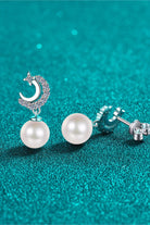 Moissanite Sparkle Moon Pearl Drop Earrings - Rhodium Vermeil- Claude Jewelry Moissanite - Shop claudejewelry.com