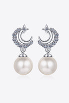 Moissanite Sparkle Moon Pearl Drop Earrings - Rhodium Vermeil- Claude Jewelry Moissanite - Shop claudejewelry.com