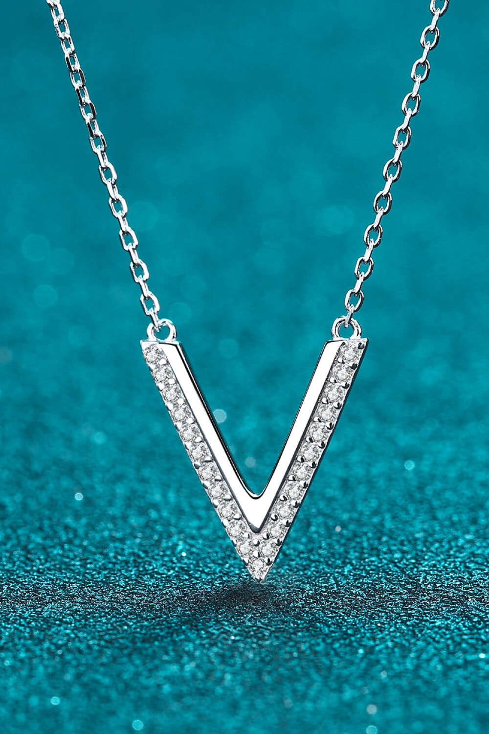 Moissanite Sterling Silver V Letter Pendant Necklace - Rhodium Vermeil- Claude Jewelry Moissanite - Shop claudejewelry.com