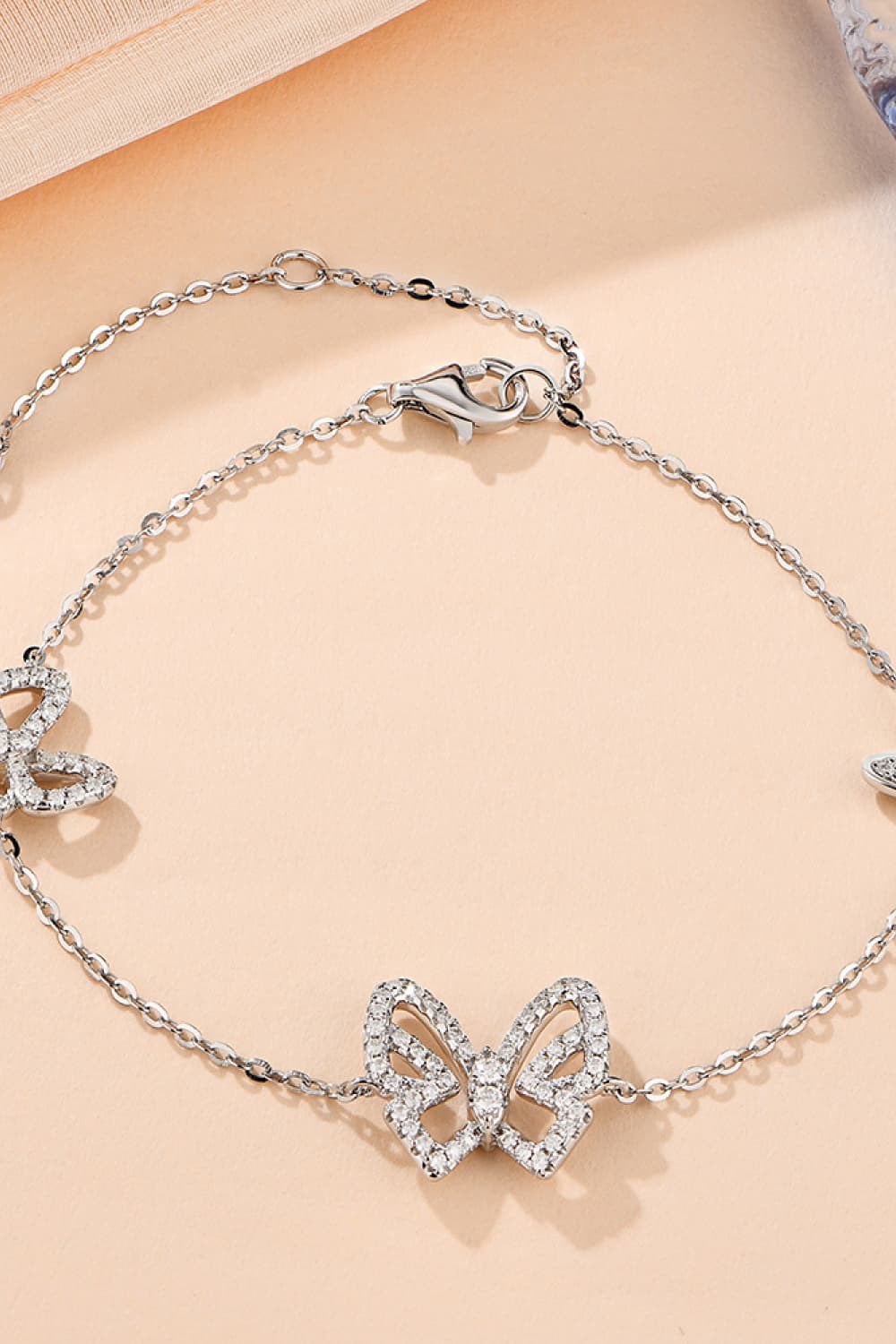 Moissanite Three Butterfly Charm Bracelet - Platinum Vermeil- Claude Jewelry Moissanite - Shop claudejewelry.com