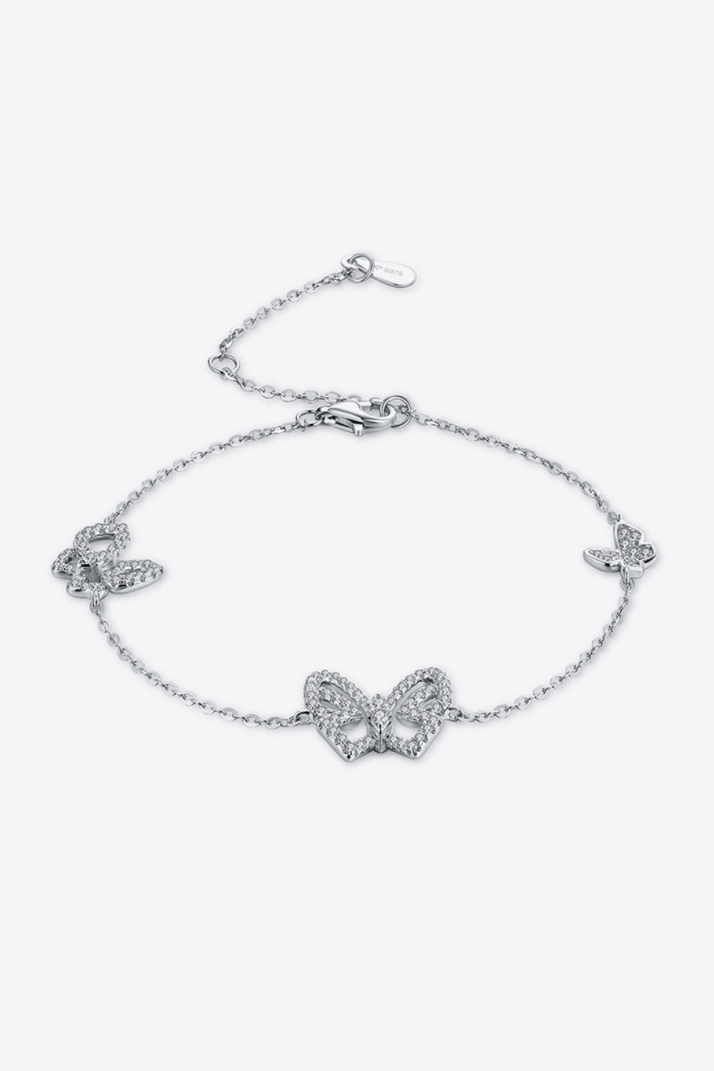 Moissanite Three Butterfly Charm Bracelet - Platinum Vermeil- Claude Jewelry Moissanite - Shop claudejewelry.com