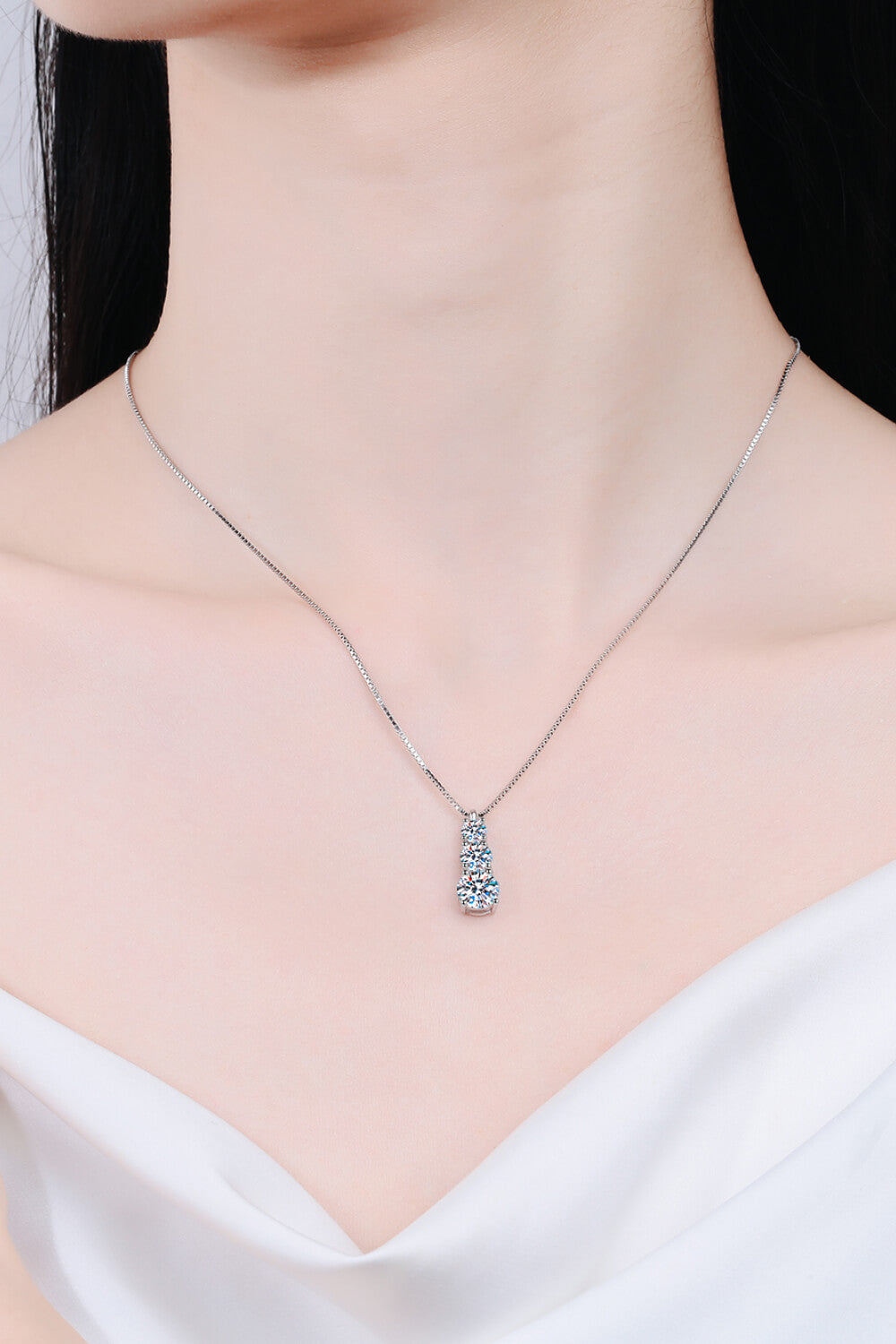 Moissanite Triple-Stone Drop Pendant Necklace - Rhodium Vermeil- Claude Jewelry Moissanite - Shop claudejewelry.com