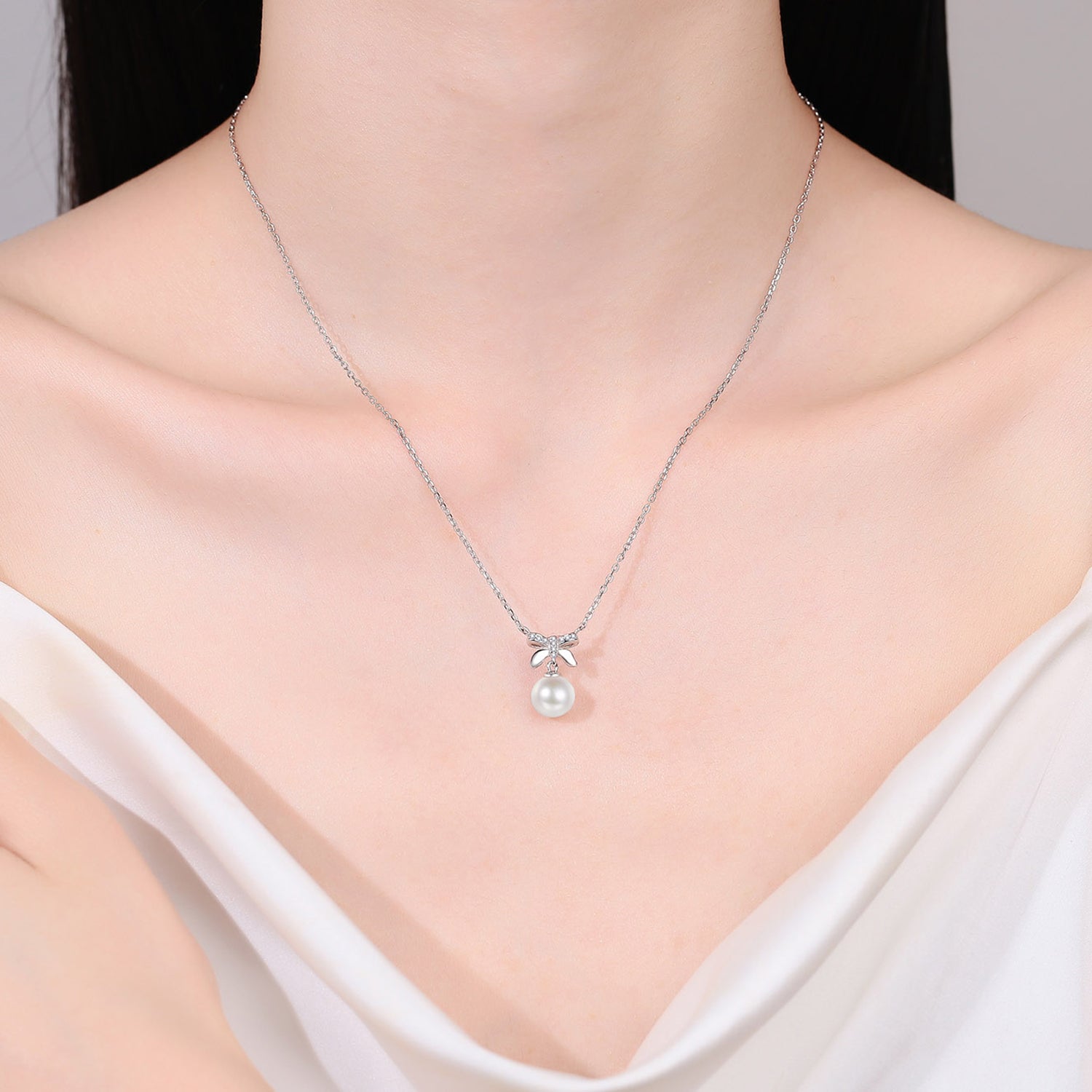 Natural Pearl Bow Pendant Moissanite Necklace - 925 Sterling Silver- Claude Jewelry Moissanite - Shop claudejewelry.com