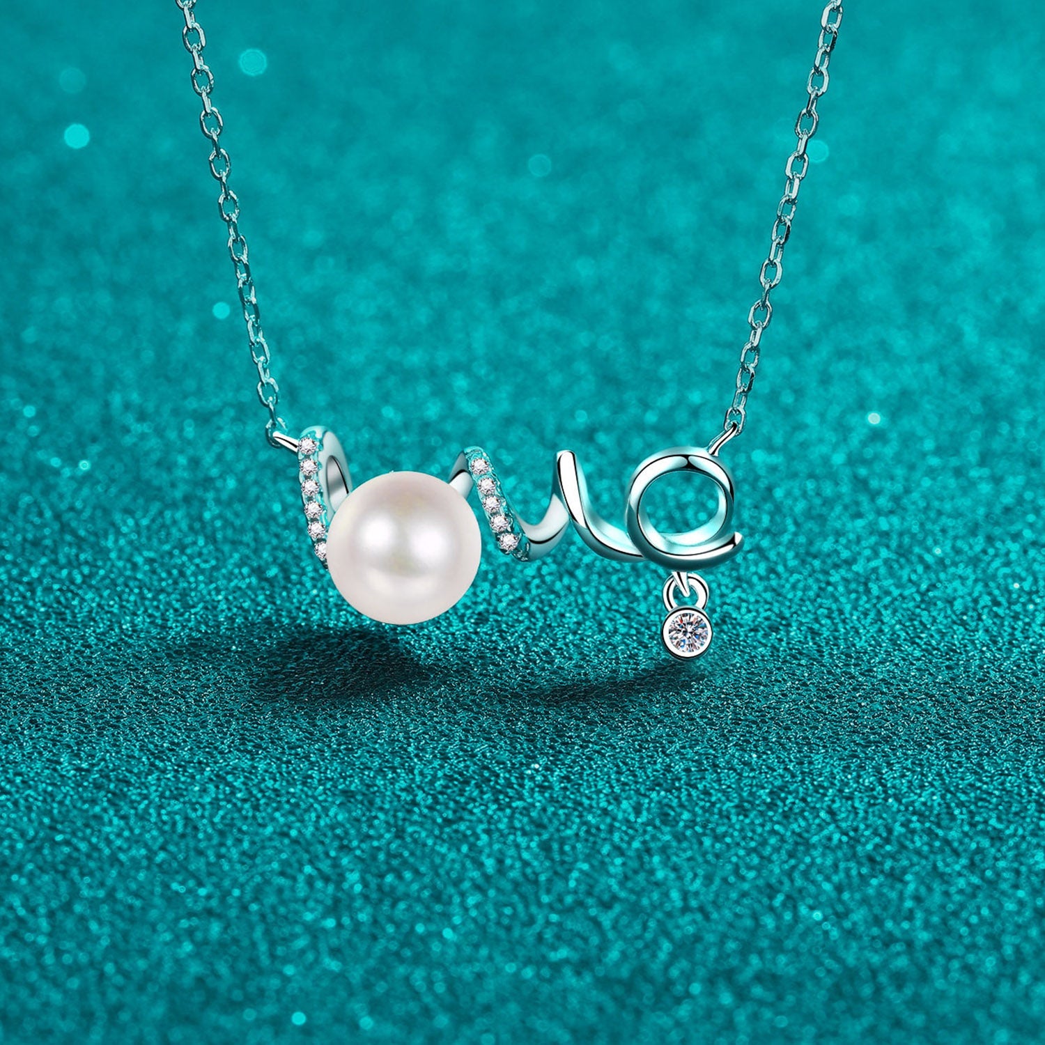 Natural Pearl Moissanite Cursive Love Necklace - 925 Sterling Silver- Claude Jewelry Moissanite - Shop claudejewelry.com