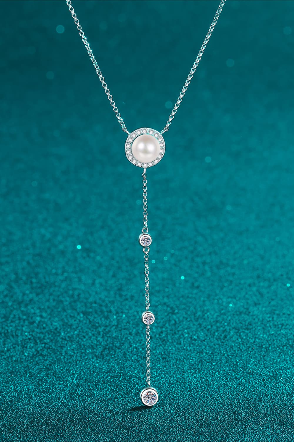 Pearl and Moissanite Rhodium Vermeil Lariat Necklace - Rhodium Vermeil- Claude Jewelry Moissanite - Shop claudejewelry.com