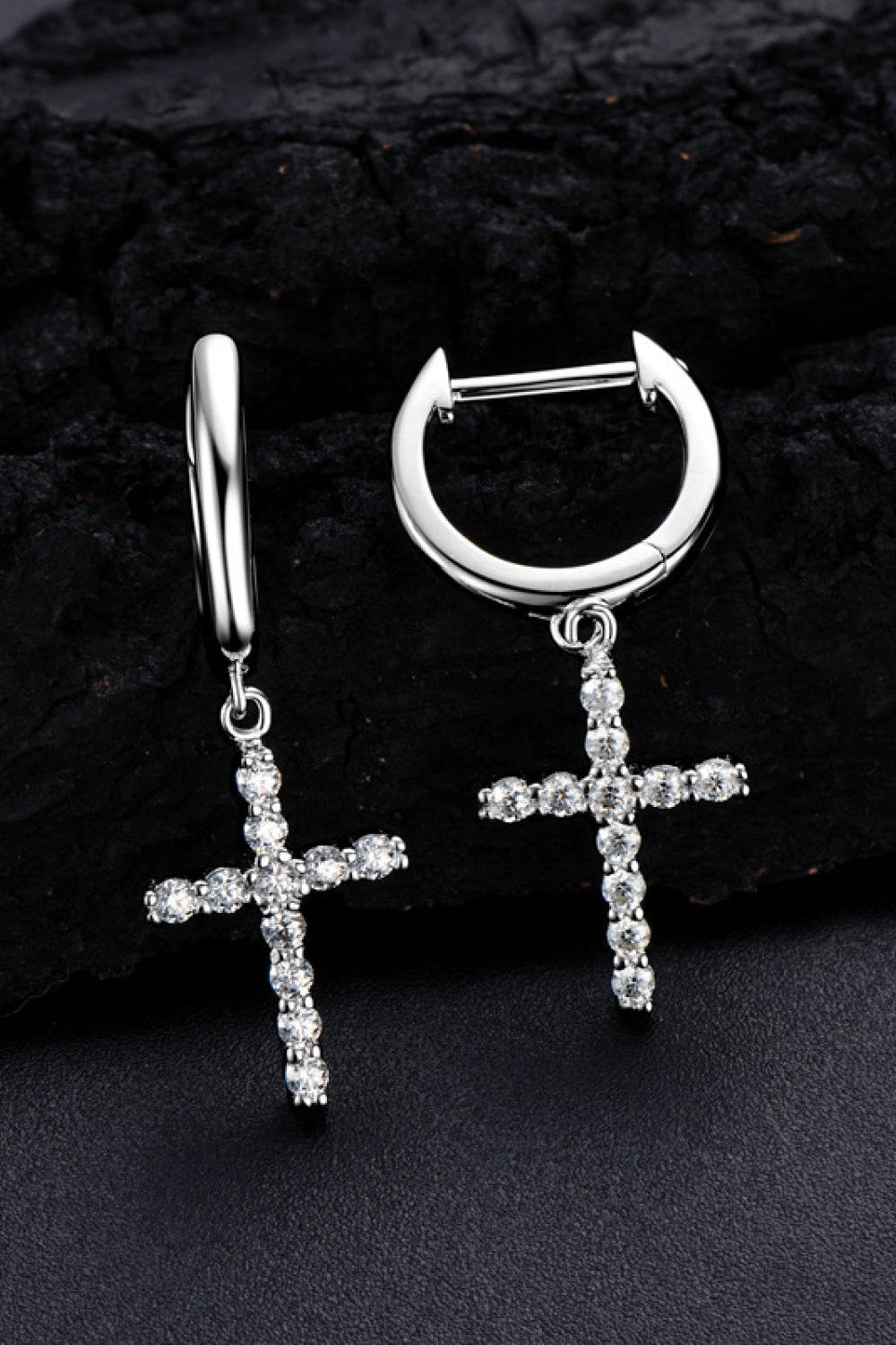 Platinum Vermeil Moissanite Cross Dangle Huggie Earrings - Platinum Vermeil- Claude Jewelry Moissanite - Shop claudejewelry.com