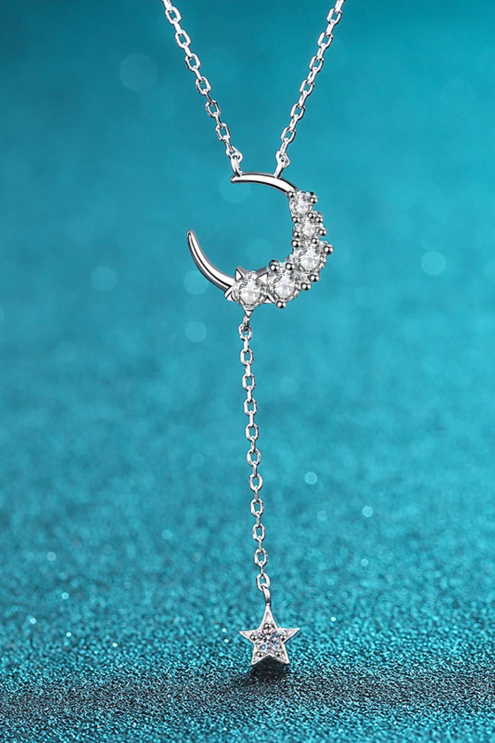 Star & Moon Moissanite Lariat Necklace - Rhodium Vermeil- Claude Jewelry Moissanite - Shop claudejewelry.com