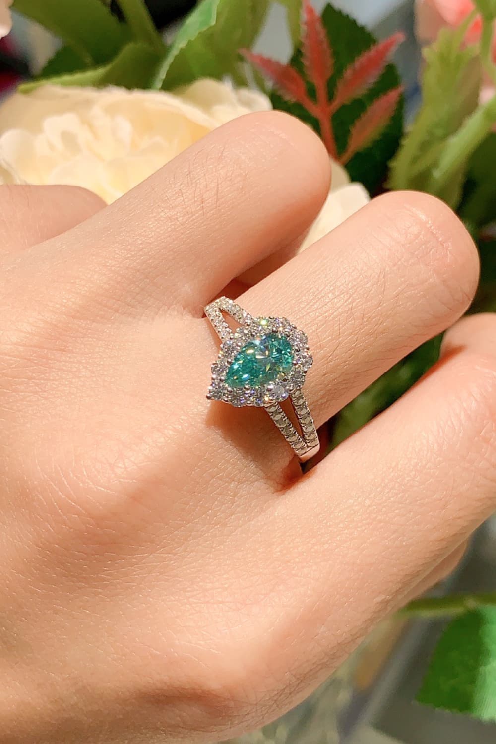 Teal 1 Ct Moissanite Halo Platinum Vermeil Ring - - Claude Jewelry Moissanite - Shop claudejewelry.com